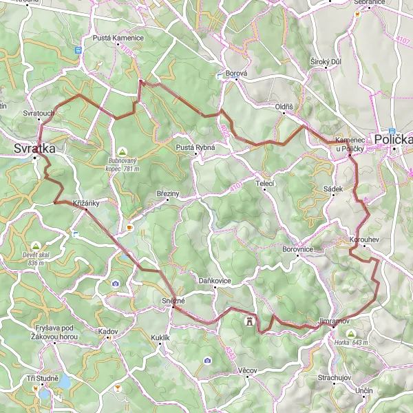 Map miniature of "Žižkov and U Osla Gravel Loop" cycling inspiration in Jihovýchod, Czech Republic. Generated by Tarmacs.app cycling route planner
