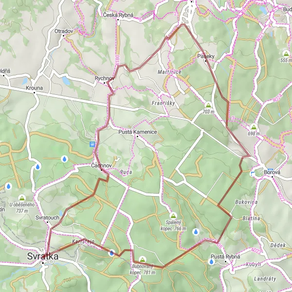 Map miniature of "Off-road Adventure through Čachnov and Bubnovaný Kopec" cycling inspiration in Jihovýchod, Czech Republic. Generated by Tarmacs.app cycling route planner