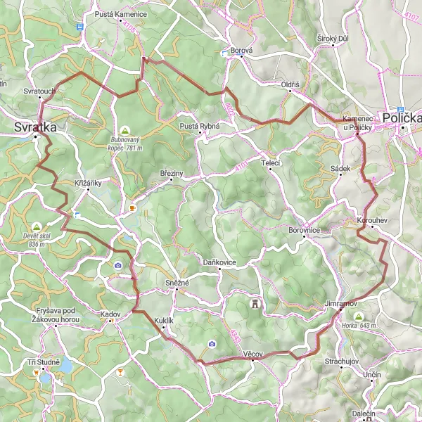 Miniaturní mapa "Gravel okruh kolem Svratky" inspirace pro cyklisty v oblasti Jihovýchod, Czech Republic. Vytvořeno pomocí plánovače tras Tarmacs.app