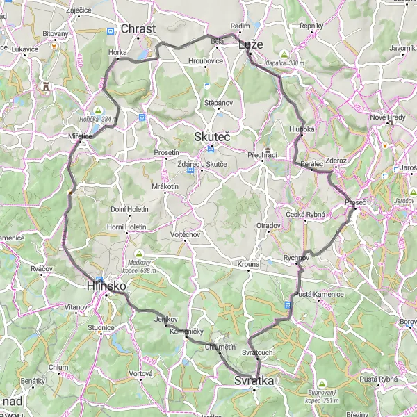Miniaturní mapa "Road Srdcem Vysočiny až do Svratoucha" inspirace pro cyklisty v oblasti Jihovýchod, Czech Republic. Vytvořeno pomocí plánovače tras Tarmacs.app