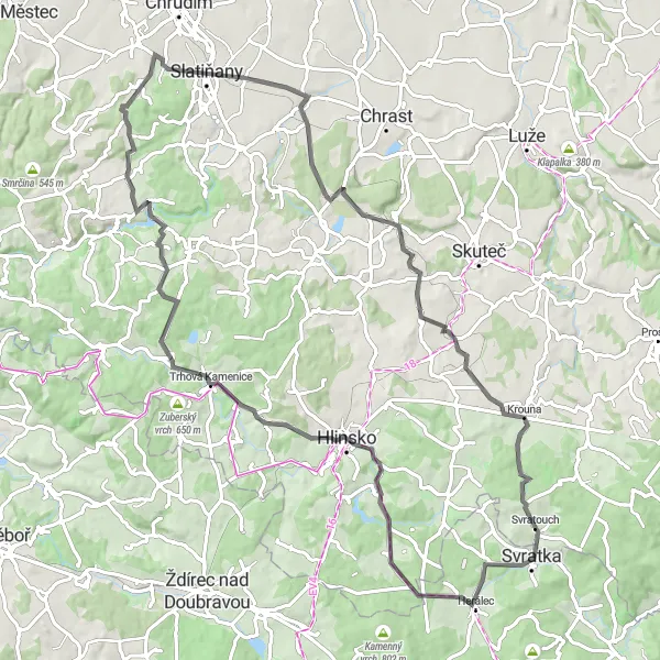 Miniaturní mapa "Road Cyklobezpečná Výzva Údolím Svratky" inspirace pro cyklisty v oblasti Jihovýchod, Czech Republic. Vytvořeno pomocí plánovače tras Tarmacs.app