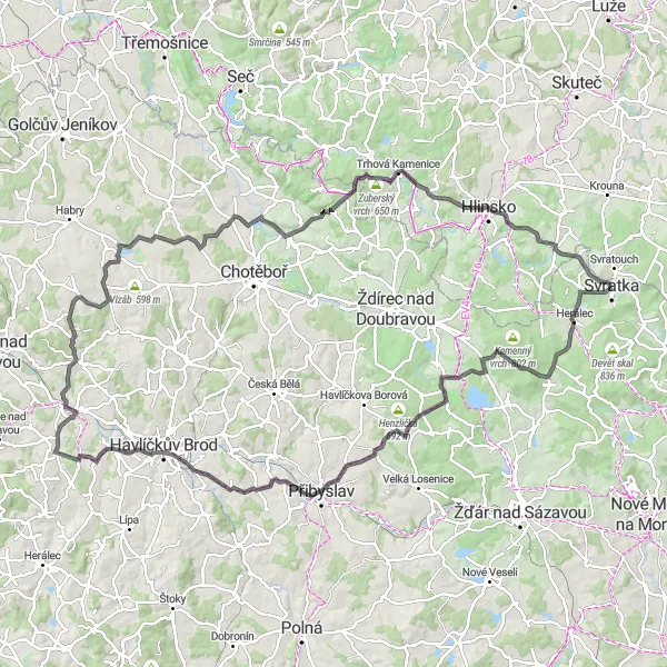 Map miniature of "Thrilling Hilly Ride - Svratka and Beyond" cycling inspiration in Jihovýchod, Czech Republic. Generated by Tarmacs.app cycling route planner