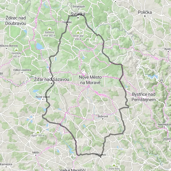 Miniaturní mapa "Výzva pro silniční cyklisty okolo Svratky" inspirace pro cyklisty v oblasti Jihovýchod, Czech Republic. Vytvořeno pomocí plánovače tras Tarmacs.app