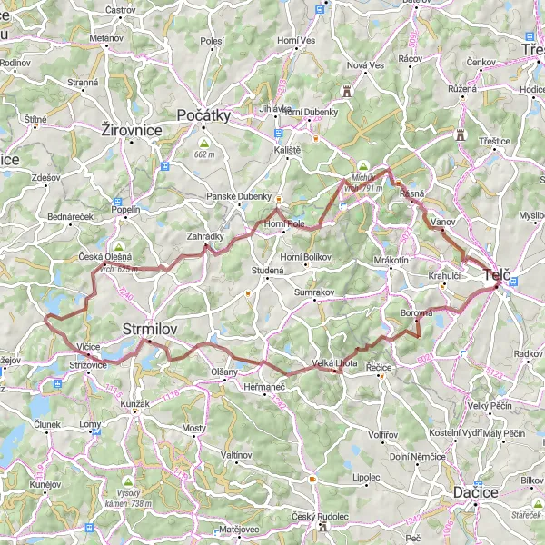 Miniatura mapy "Niezapomniana przejażdżka po okolicach Telč" - trasy rowerowej w Jihovýchod, Czech Republic. Wygenerowane przez planer tras rowerowych Tarmacs.app