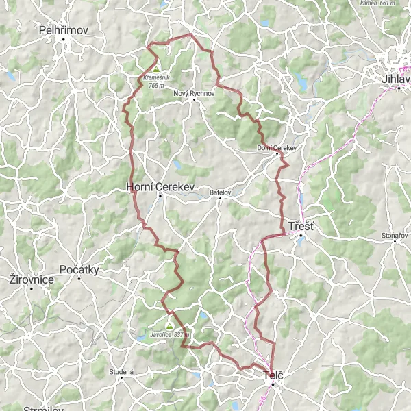 Map miniature of "Gravel Adventure: Telč to Třeštice" cycling inspiration in Jihovýchod, Czech Republic. Generated by Tarmacs.app cycling route planner
