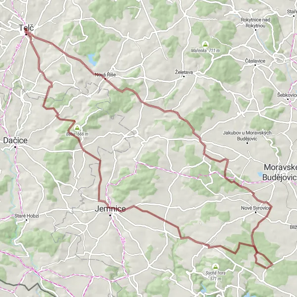 Miniaturní mapa "Gravelová trasa okolo Telče" inspirace pro cyklisty v oblasti Jihovýchod, Czech Republic. Vytvořeno pomocí plánovače tras Tarmacs.app