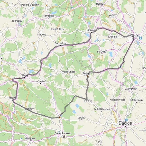 Map miniature of "Catholic Treasures of Telč" cycling inspiration in Jihovýchod, Czech Republic. Generated by Tarmacs.app cycling route planner