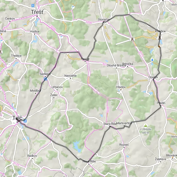 Miniaturní mapa "Cyklotrasa po okolí Telče" inspirace pro cyklisty v oblasti Jihovýchod, Czech Republic. Vytvořeno pomocí plánovače tras Tarmacs.app