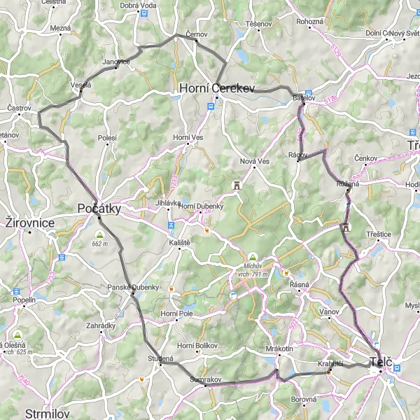 Miniaturní mapa "Cestování po silnici kolem Telče" inspirace pro cyklisty v oblasti Jihovýchod, Czech Republic. Vytvořeno pomocí plánovače tras Tarmacs.app