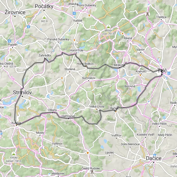 Mapa miniatúra "Road route through Olšany and Babí hora" cyklistická inšpirácia v Jihovýchod, Czech Republic. Vygenerované cyklistickým plánovačom trás Tarmacs.app