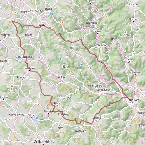 Map miniature of "Tišnov Natural Wonders Gravel Route" cycling inspiration in Jihovýchod, Czech Republic. Generated by Tarmacs.app cycling route planner