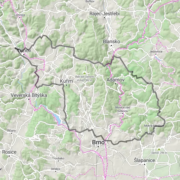 Mapa miniatúra "Road Tišnovský okruh" cyklistická inšpirácia v Jihovýchod, Czech Republic. Vygenerované cyklistickým plánovačom trás Tarmacs.app