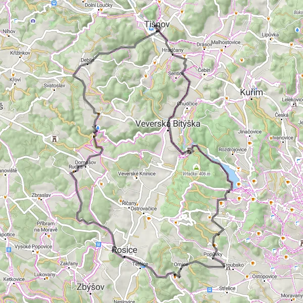 Miniaturní mapa "Historický okruh kolem Tišnova" inspirace pro cyklisty v oblasti Jihovýchod, Czech Republic. Vytvořeno pomocí plánovače tras Tarmacs.app