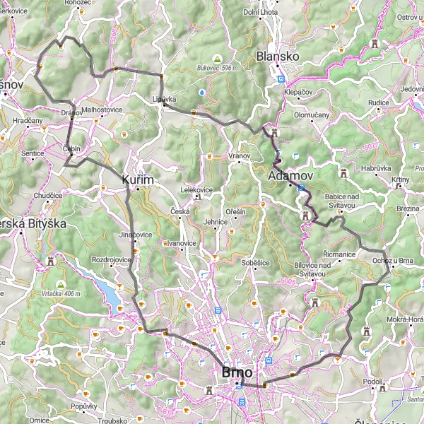 Mapa miniatúra "Cyklistická trasa Šebrov-Kateřina" cyklistická inšpirácia v Jihovýchod, Czech Republic. Vygenerované cyklistickým plánovačom trás Tarmacs.app
