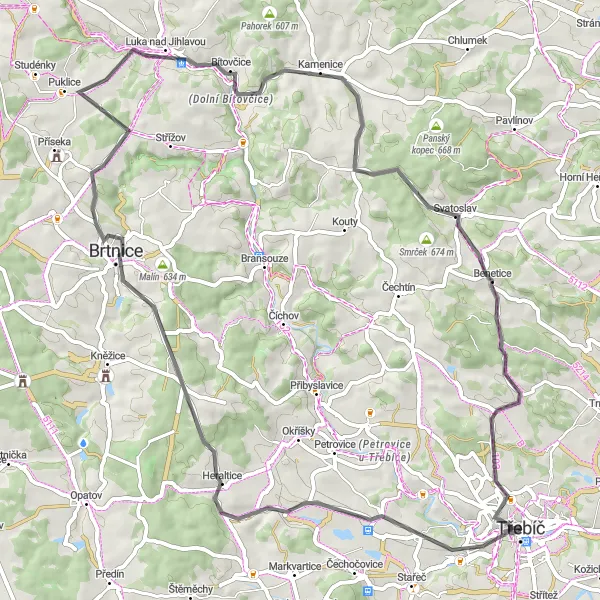 Map miniature of "Třebíč Cycling Adventure" cycling inspiration in Jihovýchod, Czech Republic. Generated by Tarmacs.app cycling route planner