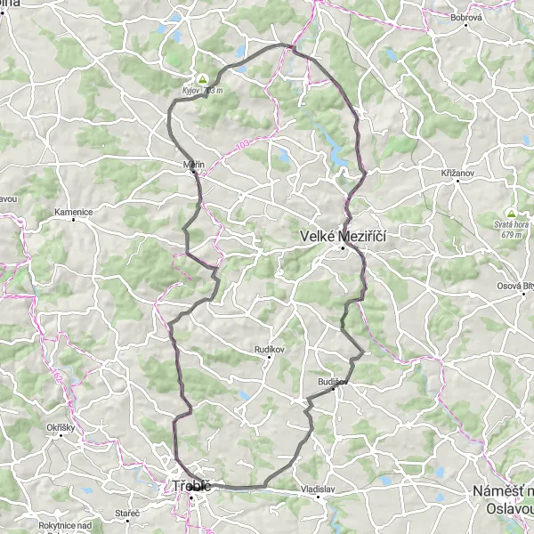Miniaturní mapa "Silniční cyklostezka okolo Třebíče" inspirace pro cyklisty v oblasti Jihovýchod, Czech Republic. Vytvořeno pomocí plánovače tras Tarmacs.app