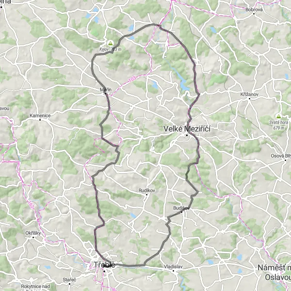 Map miniature of "Round-Trip Cycling Route: Třebíč Rural Escape" cycling inspiration in Jihovýchod, Czech Republic. Generated by Tarmacs.app cycling route planner