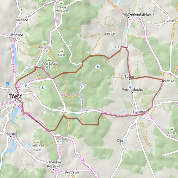 Mapa miniatúra "Jihovýchodní okruh na šotolině" cyklistická inšpirácia v Jihovýchod, Czech Republic. Vygenerované cyklistickým plánovačom trás Tarmacs.app