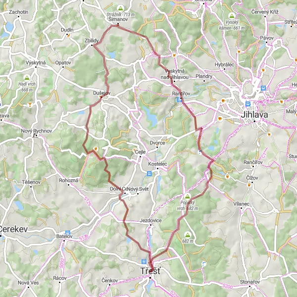 Mapa miniatúra "Další Gravel Trasa okolo Třeště" cyklistická inšpirácia v Jihovýchod, Czech Republic. Vygenerované cyklistickým plánovačom trás Tarmacs.app