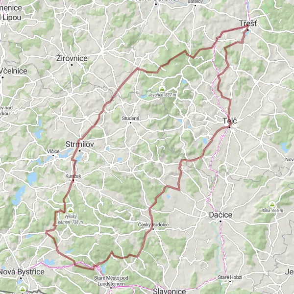 Miniaturní mapa "Gravelový okruh s výstupem na Velký skalní vrch" inspirace pro cyklisty v oblasti Jihovýchod, Czech Republic. Vytvořeno pomocí plánovače tras Tarmacs.app