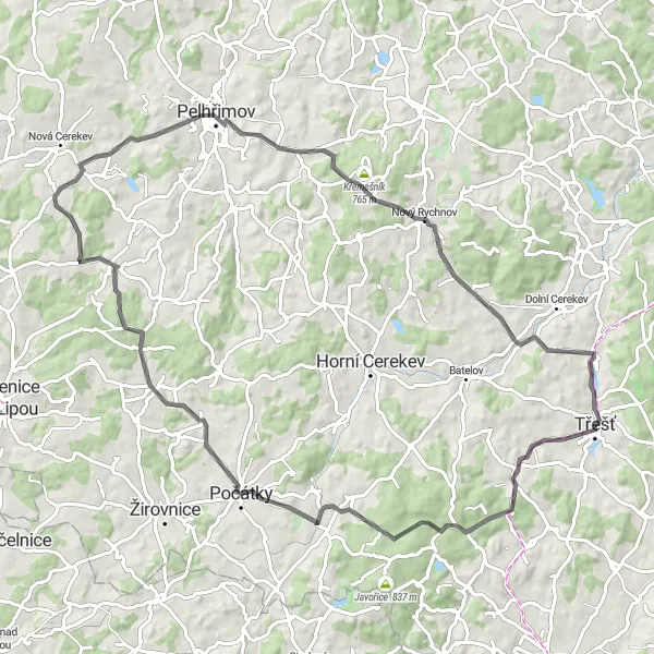 Mapa miniatúra "Road Trasa okolo Třeště" cyklistická inšpirácia v Jihovýchod, Czech Republic. Vygenerované cyklistickým plánovačom trás Tarmacs.app