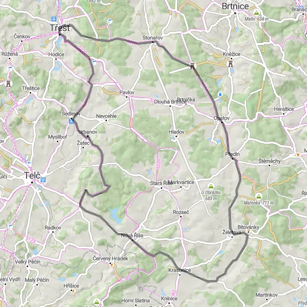 Map miniature of "Třešť Epic Road Cycling Route" cycling inspiration in Jihovýchod, Czech Republic. Generated by Tarmacs.app cycling route planner