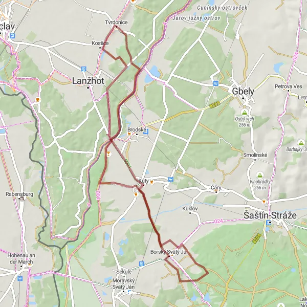 Miniatura mapy "Trasa Gravelowa do Borský Svätý Jur" - trasy rowerowej w Jihovýchod, Czech Republic. Wygenerowane przez planer tras rowerowych Tarmacs.app