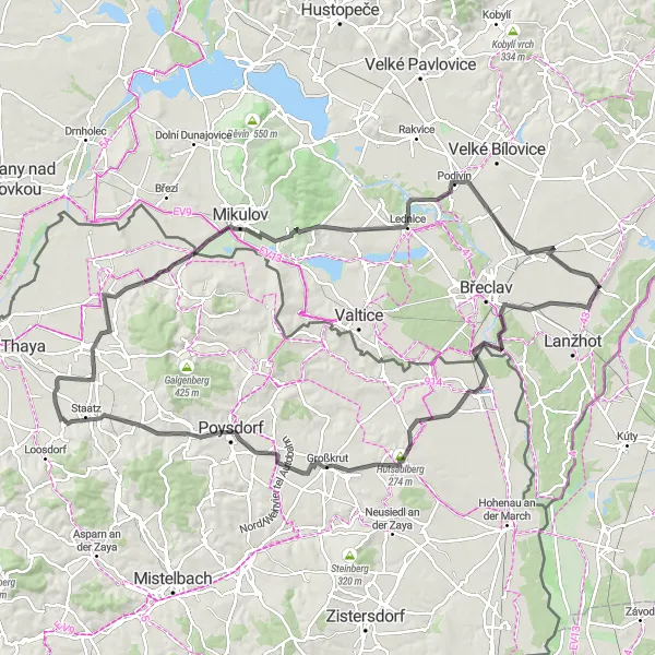Miniaturní mapa "Road: Tvrdonice - Bernhardsthal - Vysoký roh - Mikulov" inspirace pro cyklisty v oblasti Jihovýchod, Czech Republic. Vytvořeno pomocí plánovače tras Tarmacs.app
