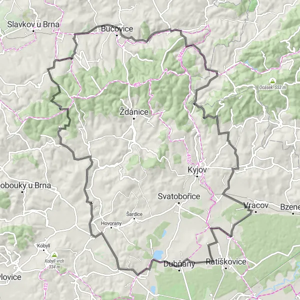 Mapa miniatúra "Road Trip okolo Vacenovíc" cyklistická inšpirácia v Jihovýchod, Czech Republic. Vygenerované cyklistickým plánovačom trás Tarmacs.app