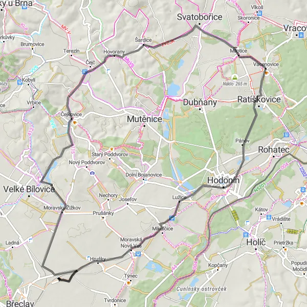 Mapa miniatúra "Okruh Lužice - Milotice" cyklistická inšpirácia v Jihovýchod, Czech Republic. Vygenerované cyklistickým plánovačom trás Tarmacs.app