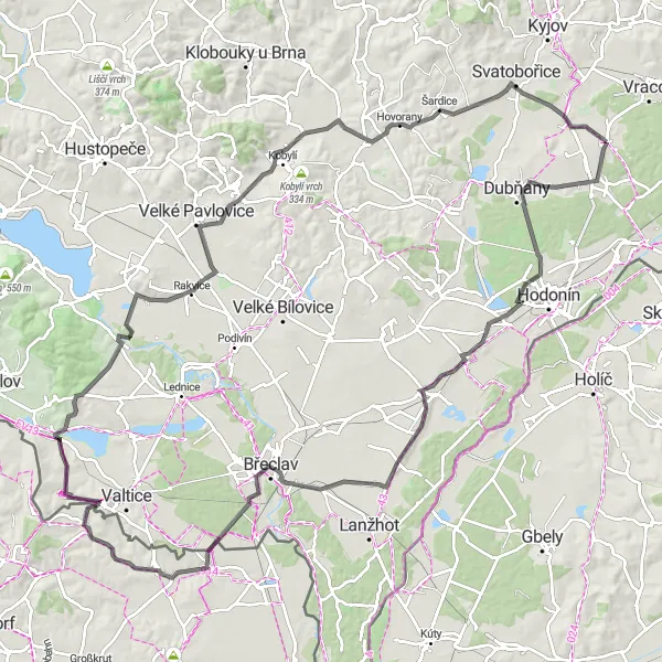 Map miniature of "Journey Through Moravian Vineyards and Peak" cycling inspiration in Jihovýchod, Czech Republic. Generated by Tarmacs.app cycling route planner