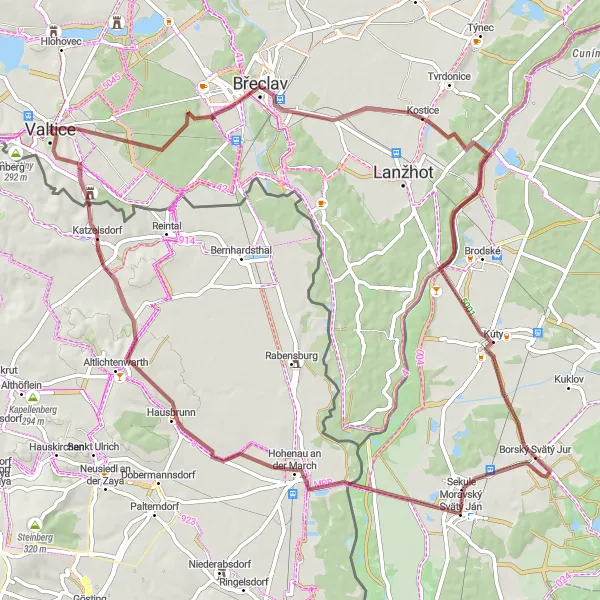 Miniatura mapy "Trasa Valtice - Břeclav - Kúty - Predná hora - Moravský Svätý Ján - Käferberg - Katzelsdorf" - trasy rowerowej w Jihovýchod, Czech Republic. Wygenerowane przez planer tras rowerowych Tarmacs.app