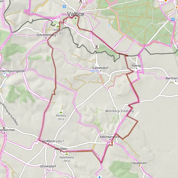 Miniaturní mapa "Krátká cyklotrasa ke hradu Valtice" inspirace pro cyklisty v oblasti Jihovýchod, Czech Republic. Vytvořeno pomocí plánovače tras Tarmacs.app