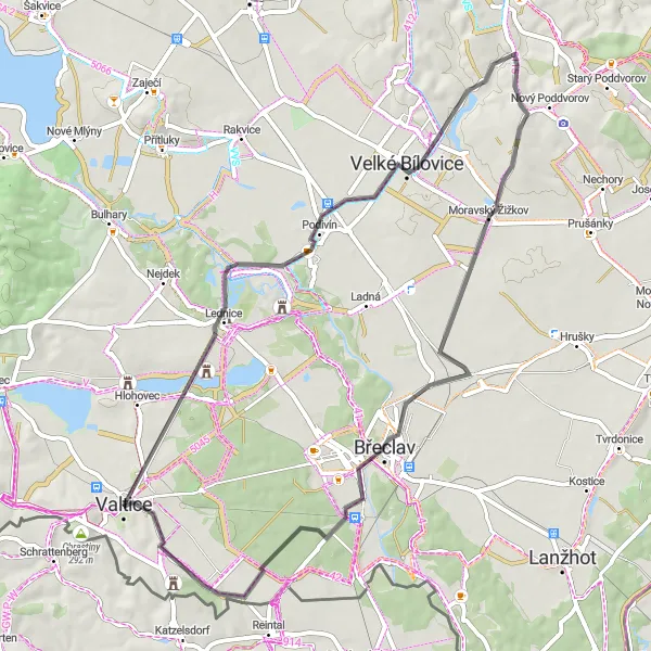 Miniaturní mapa "Zámky a vinice" inspirace pro cyklisty v oblasti Jihovýchod, Czech Republic. Vytvořeno pomocí plánovače tras Tarmacs.app