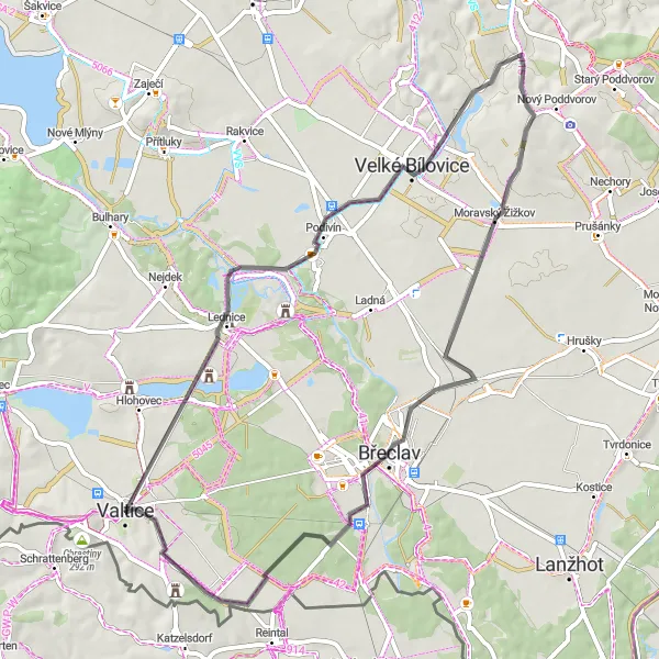 Mapa miniatúra "Cyklotrasa Lednicko-valtické areály" cyklistická inšpirácia v Jihovýchod, Czech Republic. Vygenerované cyklistickým plánovačom trás Tarmacs.app