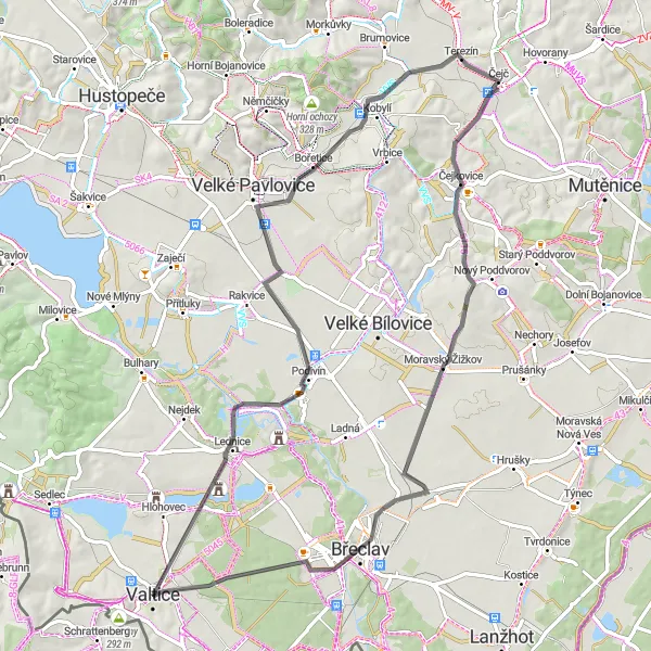 Miniaturní mapa "Okruh kolem Lednicko-valtického areálu" inspirace pro cyklisty v oblasti Jihovýchod, Czech Republic. Vytvořeno pomocí plánovače tras Tarmacs.app