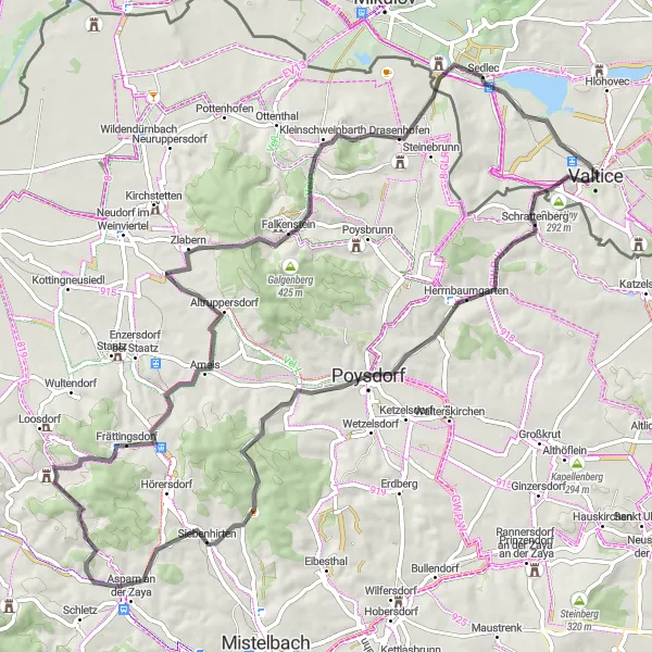Miniatura mapy "Trasa Valtice - Chrastiny - Poysdorf - Altmanns - Altruppersdorf - Burgblick - Valtice" - trasy rowerowej w Jihovýchod, Czech Republic. Wygenerowane przez planer tras rowerowych Tarmacs.app