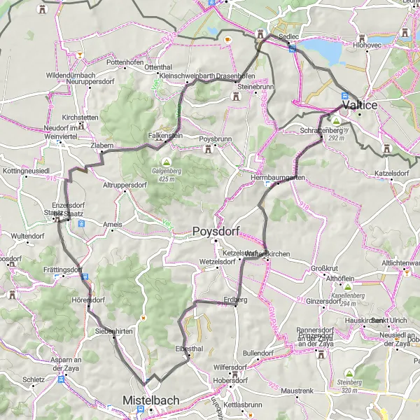 Miniatura mapy "Trasa Valtice - Chrastiny - Schrattenberg - Schloss Walterskirchen - Halmesberg - Hörersdorf - Staatzer Berg - Burgblick - Drasenhofen - Valtice" - trasy rowerowej w Jihovýchod, Czech Republic. Wygenerowane przez planer tras rowerowych Tarmacs.app