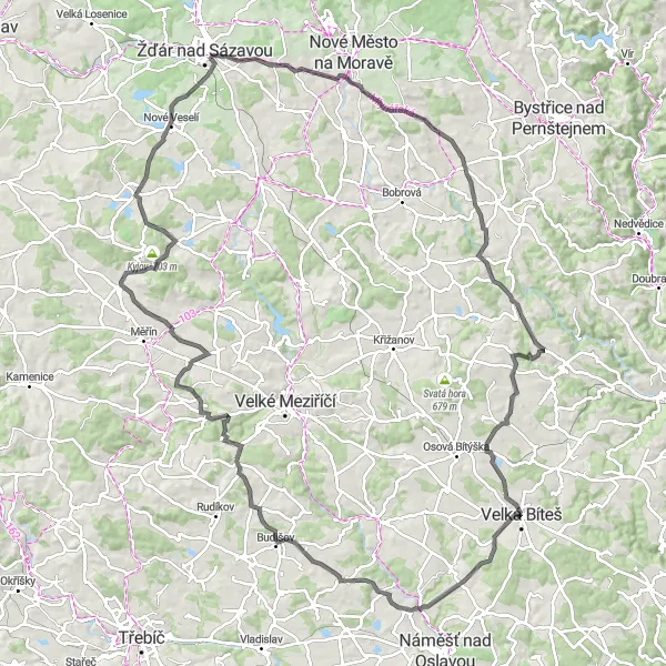 Map miniature of "Climbing Challenge to Starý Telečkov" cycling inspiration in Jihovýchod, Czech Republic. Generated by Tarmacs.app cycling route planner