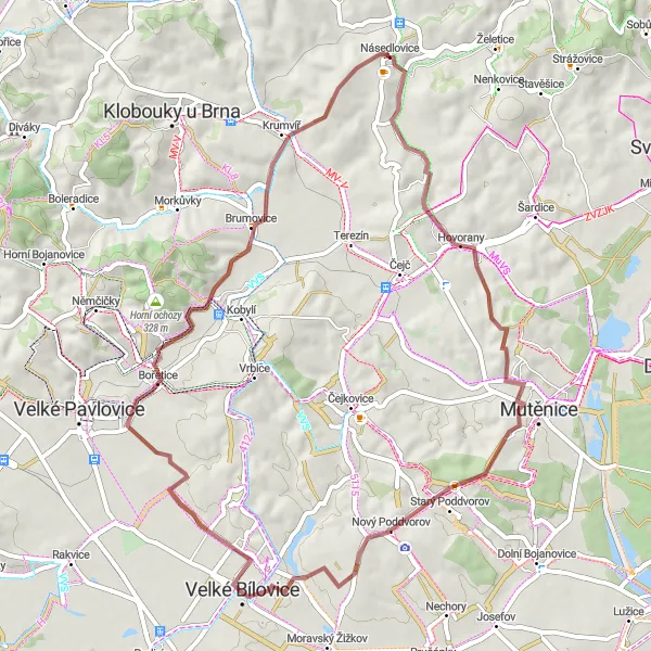 Mapa miniatúra "Gravelová jazda okolo Velkých Bílovíc" cyklistická inšpirácia v Jihovýchod, Czech Republic. Vygenerované cyklistickým plánovačom trás Tarmacs.app