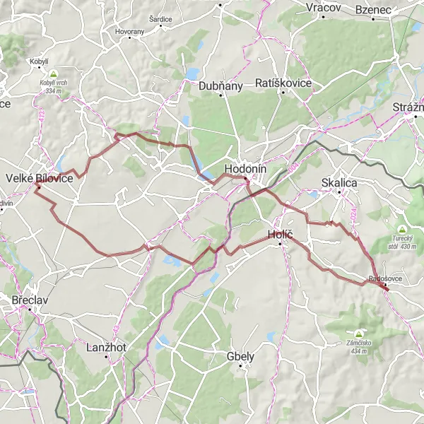 Miniaturní mapa "Gravel Adventure - Dubovce Exploration" inspirace pro cyklisty v oblasti Jihovýchod, Czech Republic. Vytvořeno pomocí plánovače tras Tarmacs.app