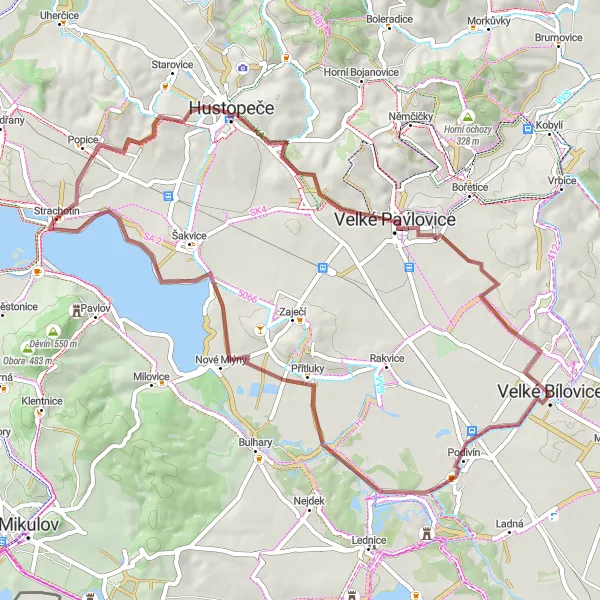 Miniaturní mapa "Okruh kolem Velkých Bílovic a Nových Mlýnů" inspirace pro cyklisty v oblasti Jihovýchod, Czech Republic. Vytvořeno pomocí plánovače tras Tarmacs.app