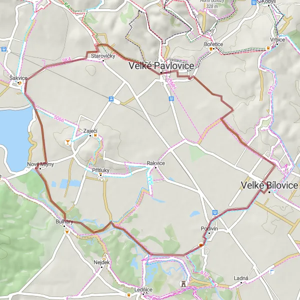 Map miniature of "Podivín Gravel Circuit" cycling inspiration in Jihovýchod, Czech Republic. Generated by Tarmacs.app cycling route planner