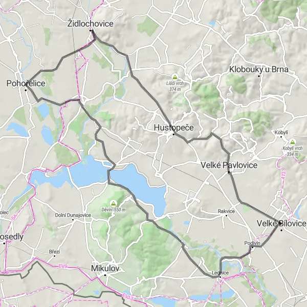Mapa miniatúra "Vinárska cesta okolo Južného Vinohrady" cyklistická inšpirácia v Jihovýchod, Czech Republic. Vygenerované cyklistickým plánovačom trás Tarmacs.app