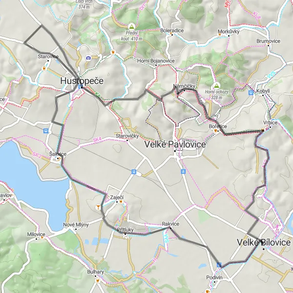 Mapa miniatúra "Road Přítluky Loop" cyklistická inšpirácia v Jihovýchod, Czech Republic. Vygenerované cyklistickým plánovačom trás Tarmacs.app