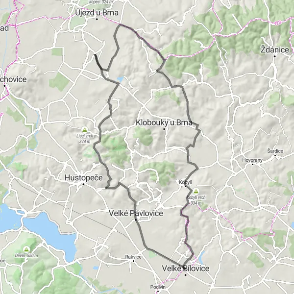Miniaturní mapa "Vysočina kolem Velkých Bílovic a Krumvíře" inspirace pro cyklisty v oblasti Jihovýchod, Czech Republic. Vytvořeno pomocí plánovače tras Tarmacs.app