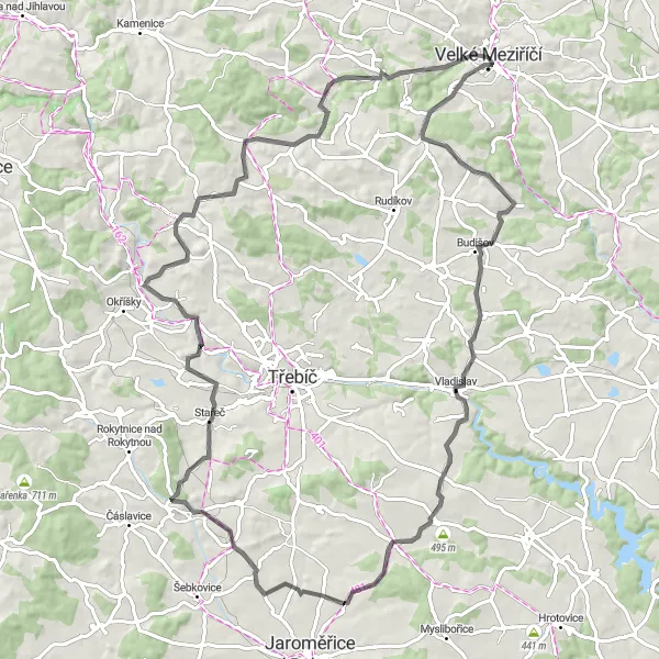 Miniaturní mapa "Cyklistická trasa s kopci kolem Velkého Meziříčí" inspirace pro cyklisty v oblasti Jihovýchod, Czech Republic. Vytvořeno pomocí plánovače tras Tarmacs.app