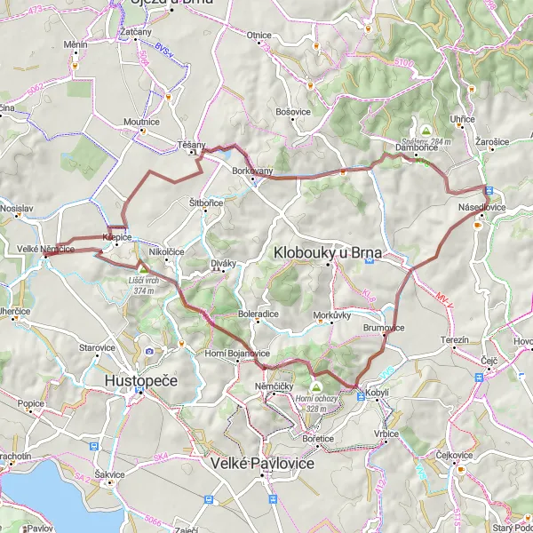 Miniaturní mapa "Gravel route Velké Němčice - Horní Bojanovice" inspirace pro cyklisty v oblasti Jihovýchod, Czech Republic. Vytvořeno pomocí plánovače tras Tarmacs.app