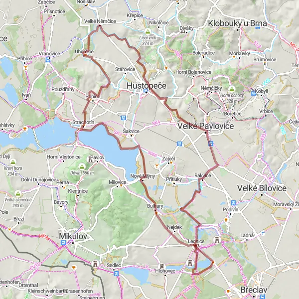 Miniaturní mapa "Gravel route Velké Němčice - Uherčice" inspirace pro cyklisty v oblasti Jihovýchod, Czech Republic. Vytvořeno pomocí plánovače tras Tarmacs.app