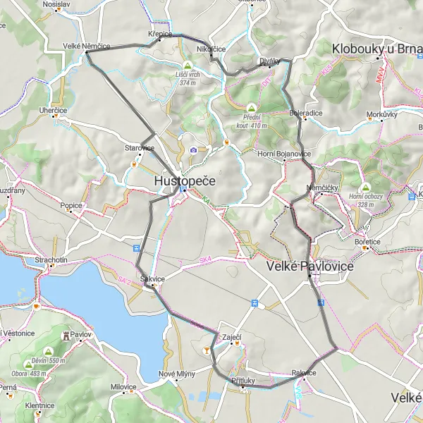 Mapa miniatúra "Scenic Road Cycling Route Near Velké Němčice" cyklistická inšpirácia v Jihovýchod, Czech Republic. Vygenerované cyklistickým plánovačom trás Tarmacs.app